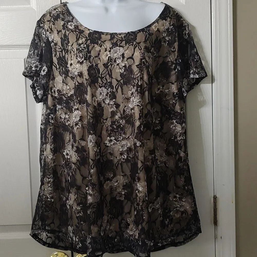 Adiva overlay black white gray tan Top Sz 2X